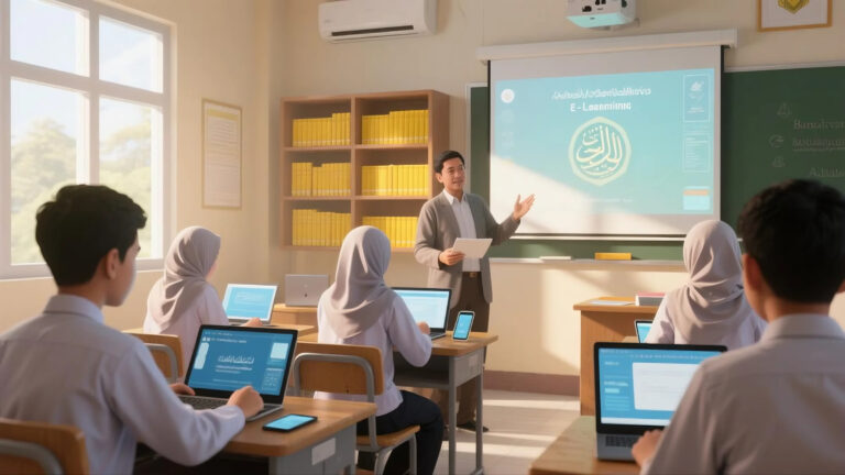 para santri sedang belajar dengan leptop