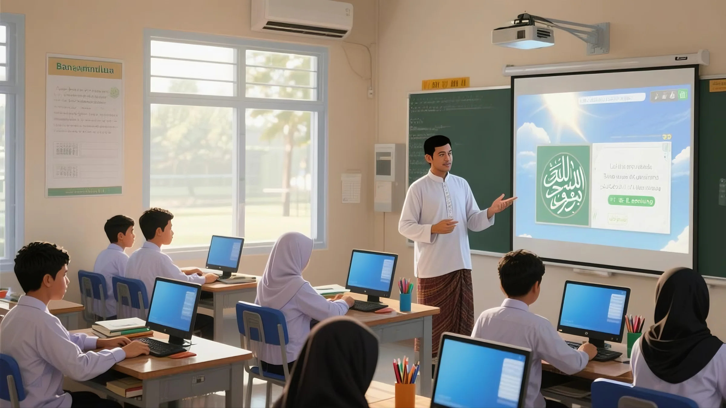 santri sedang belajar menggunakan komputer