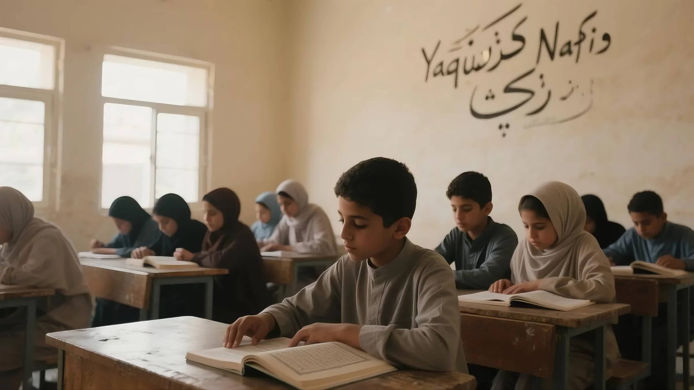 anak laki-laki dan perempuan sedang belajar membaca Al-Qur'an di kelas